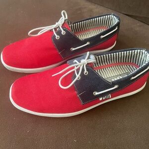 Women’s Zull lace up red and blue shoes.